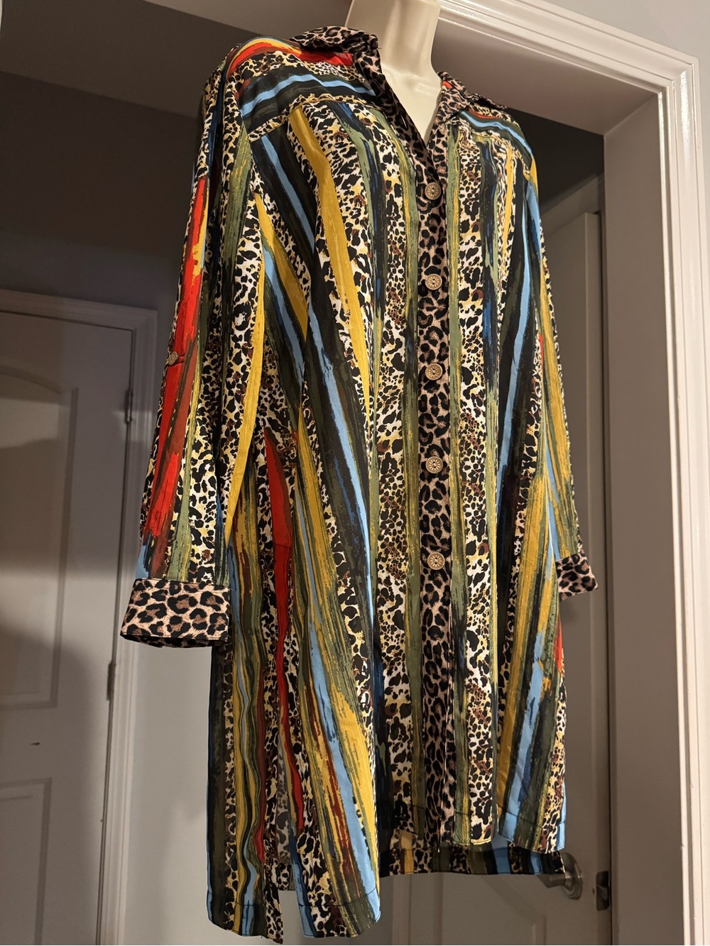 John Mark Leopard Animal Print Abstract Stripe Longline Tunic Shirt M Oversized